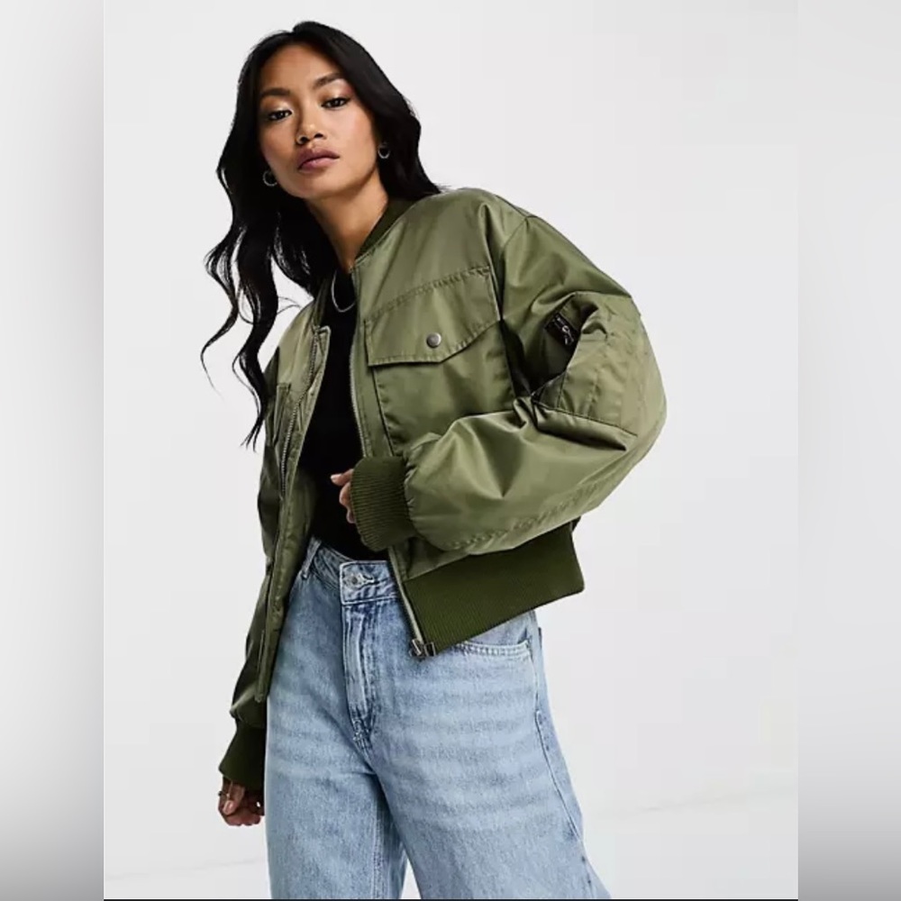 ASOS Design Cropped Nylon Bomber Jacket with deep rub and pockets Size 2 NEW